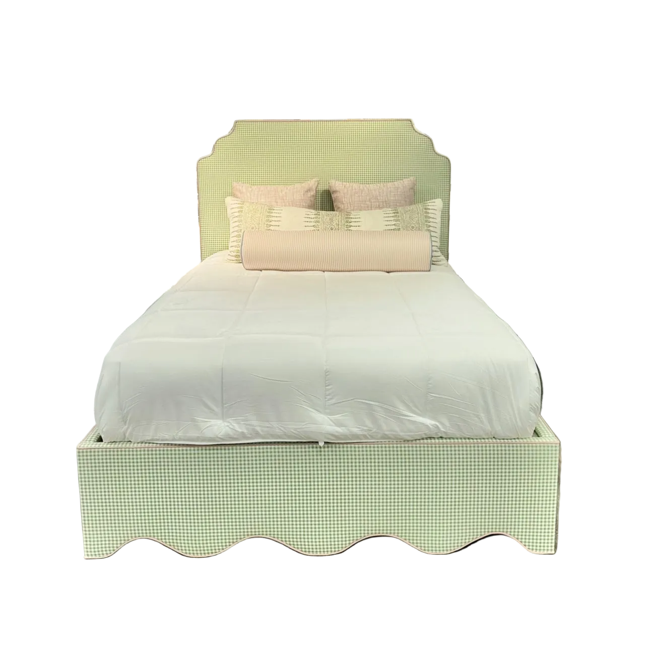 60”H Queen Upholstered Platform Bed - Scalloped Base - Sage Green Gingham Fabric with Blush Pink