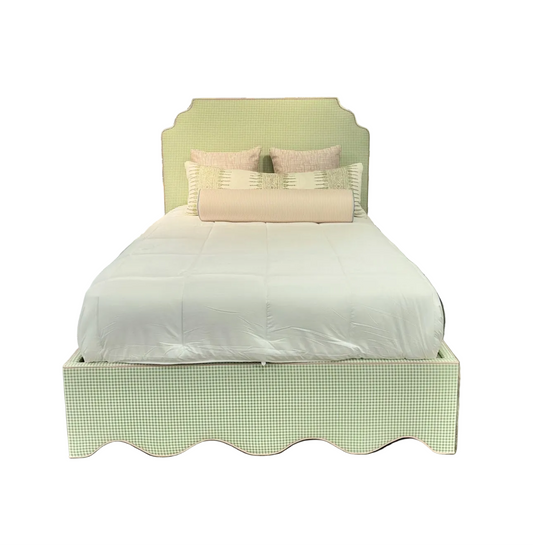 60”H Queen Upholstered Platform Bed - Scalloped Base - Sage Green Gingham Fabric with Blush Pink