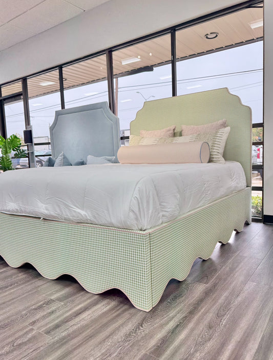 60”H Queen Upholstered Platform Bed - Scalloped Base - Sage Green Gingham Fabric with Blush Pink