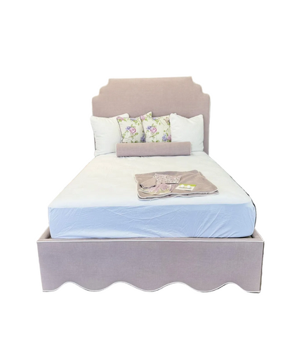 65" H Queen Upholstered Platform Bed - Scalloped Base - Lilac Woven Fabric with White Trim