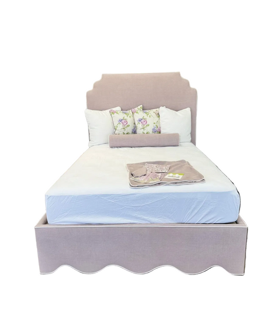 65" H Queen Upholstered Platform Bed - Scalloped Base - Lilac Woven Fabric with White Trim