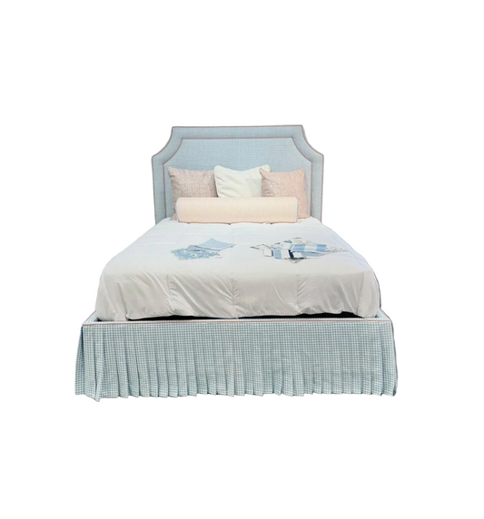 65" H Skirted Platform Base Queen Bed - Blue Gingham Fabric - Blush Pink Trim