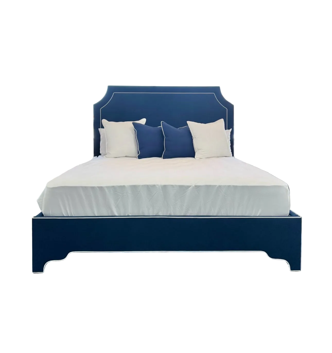 65"H King Upholstered Platform Bed - Scalloped Legs - Navy Woven Fabric with White Trim