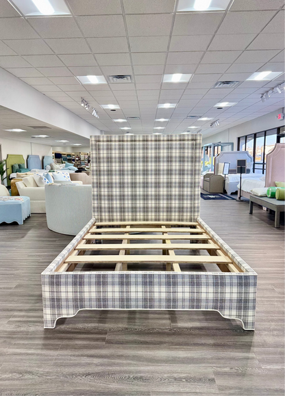 65”H Queen Upholstered Platform Bed - Grey Plaid Fabric - White Trim