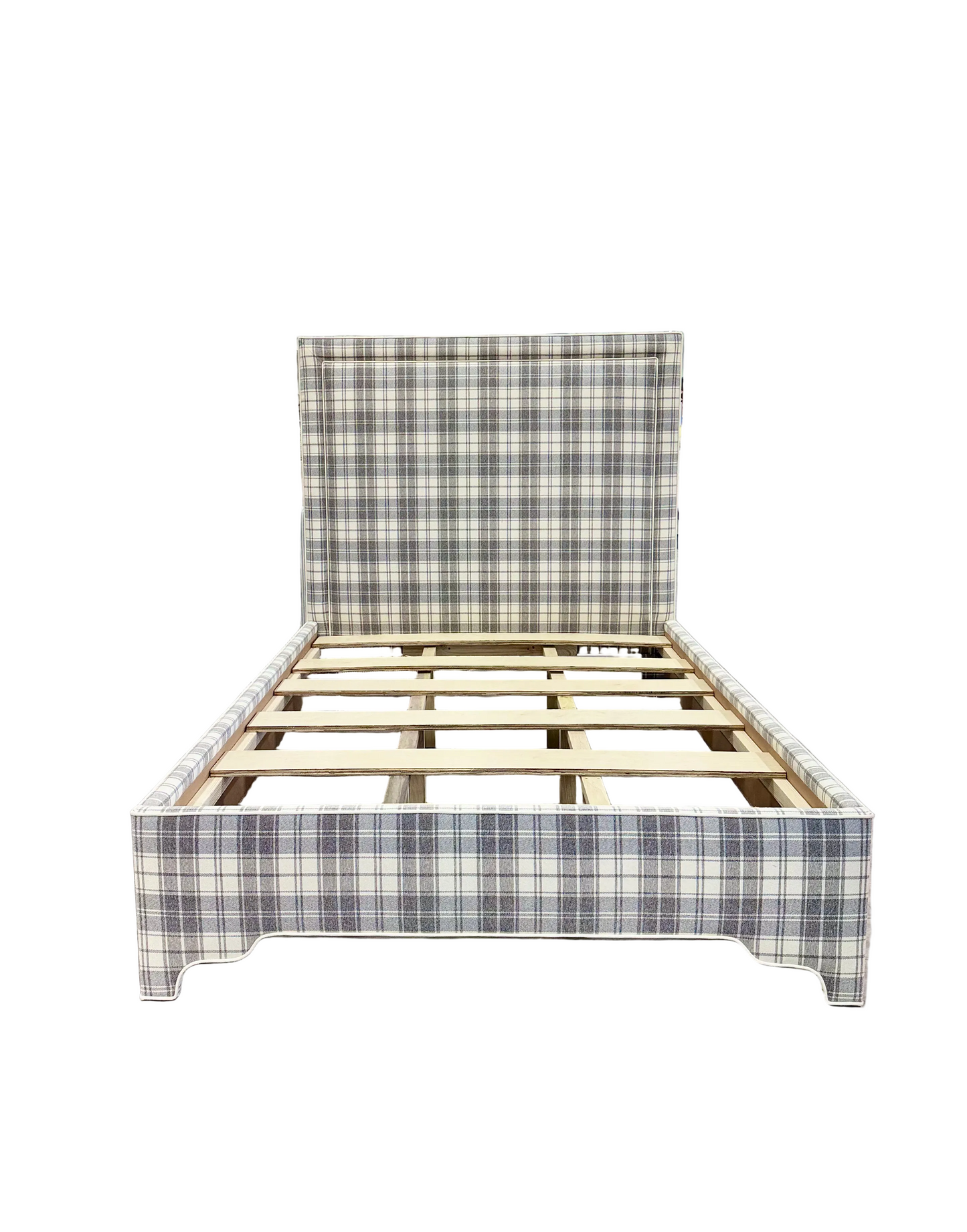65”H Queen Upholstered Platform Bed - Grey Plaid Fabric - White Trim