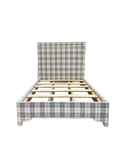 65”H Queen Upholstered Platform Bed - Grey Plaid Fabric - White Trim
