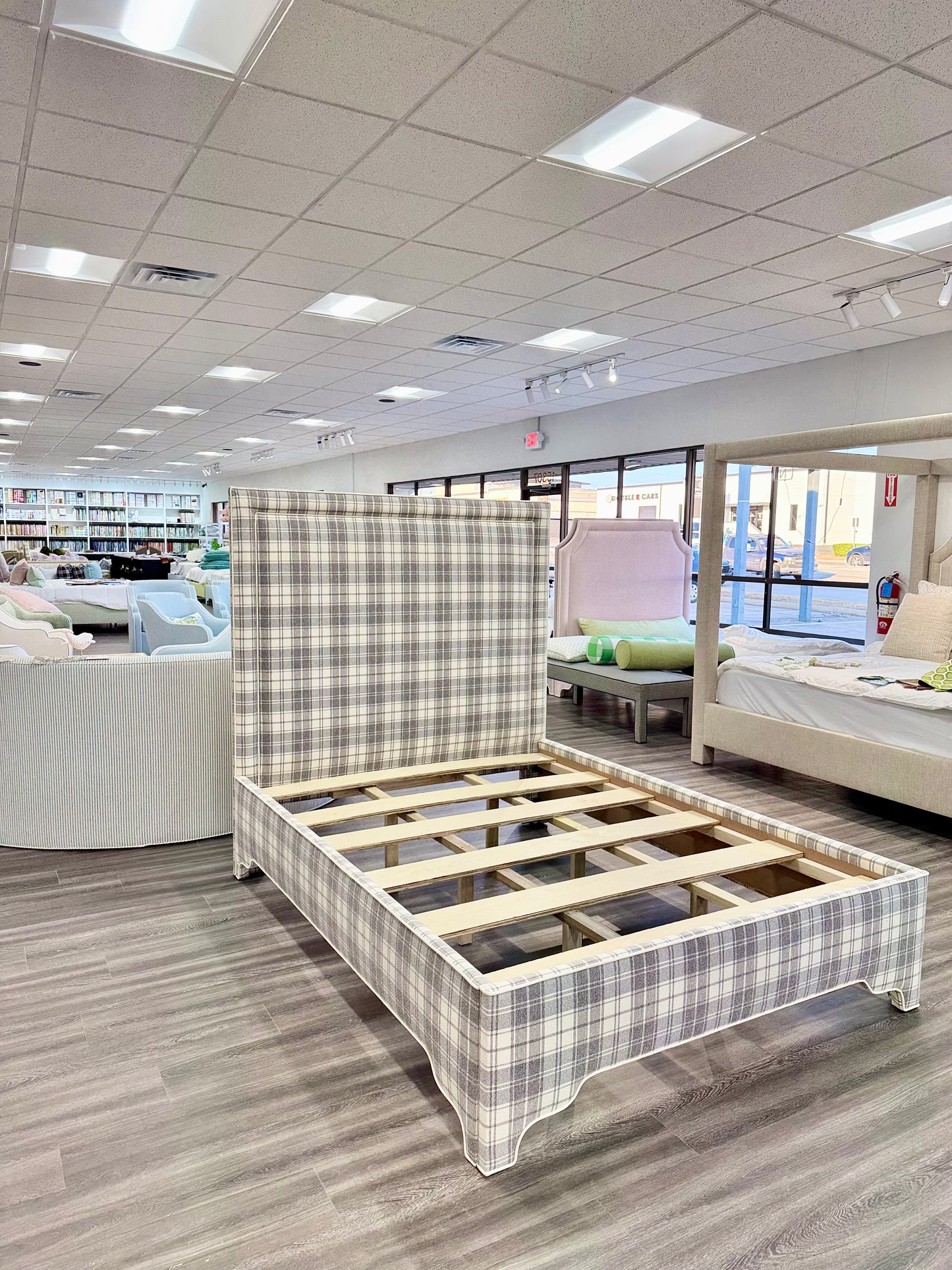 65”H Queen Upholstered Platform Bed - Grey Plaid Fabric - White Trim