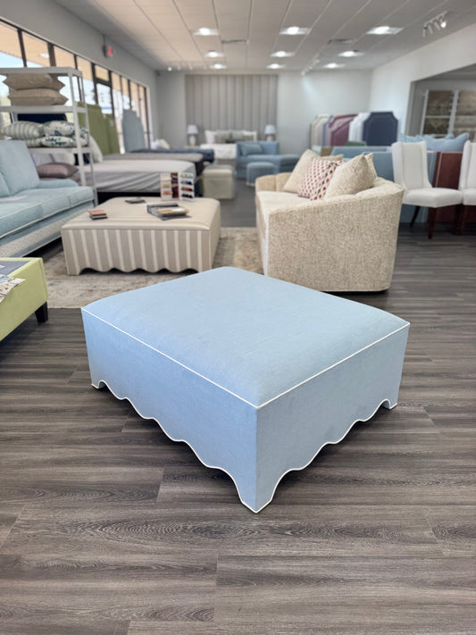 Scalloped Ottoman / Coffee table in Sky Blue Woven Fabric - White Trim