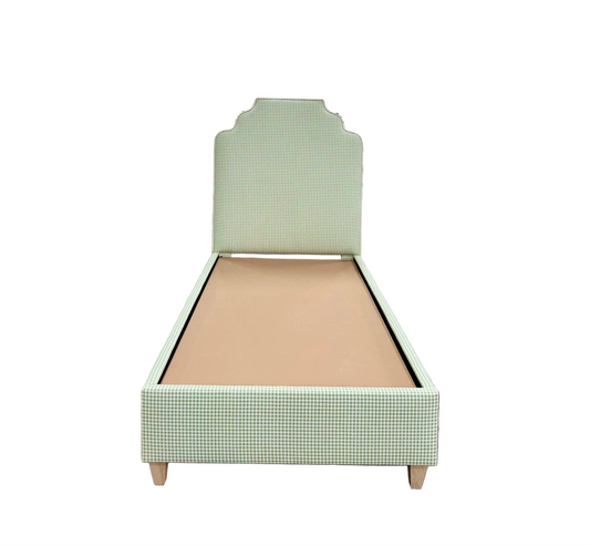 60”H Twin Size Platform Upholstered Bed - Sage Green Gingham Fabric - Pink Pink Trim