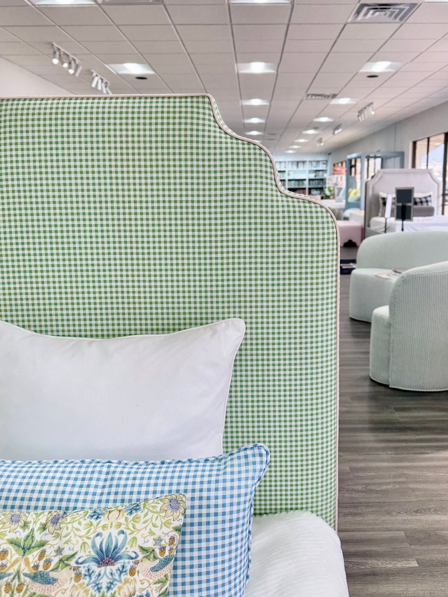 60”H Twin Size Platform Upholstered Bed - Sage Green Gingham Fabric - Pink Pink Trim