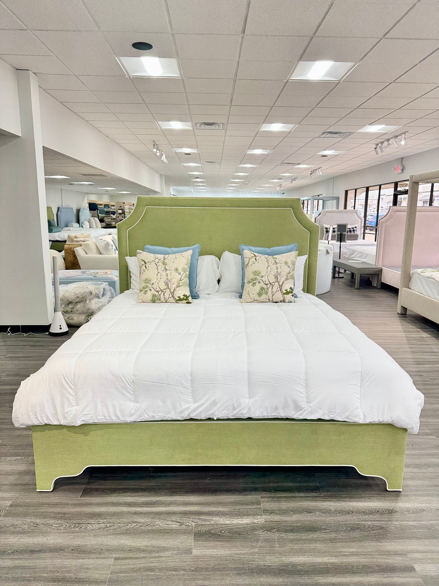 65”H King Upholstered Platform Bed - Scalloped Legs - Pistachio Green Woven Fabric with White Trim