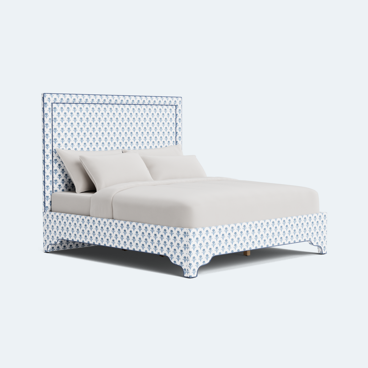 The Jacob King Bed - Scalloped Legs - Lobelia Blues Fabric - Navy Trim