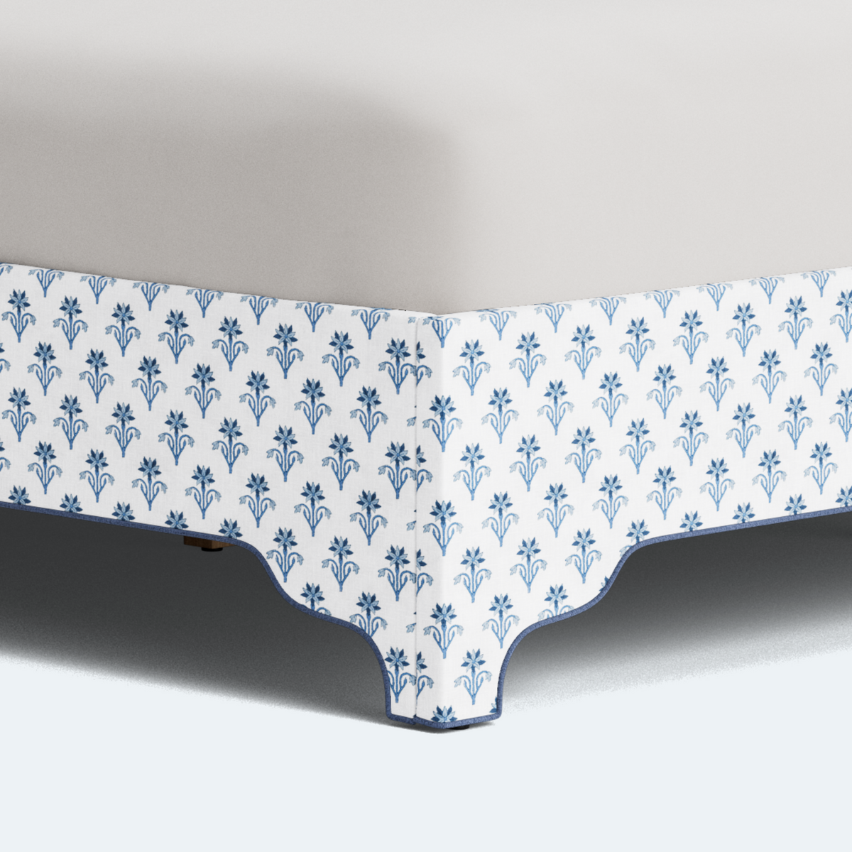 The Jacob King Bed - Scalloped Legs - Lobelia Blues Fabric - Navy Trim