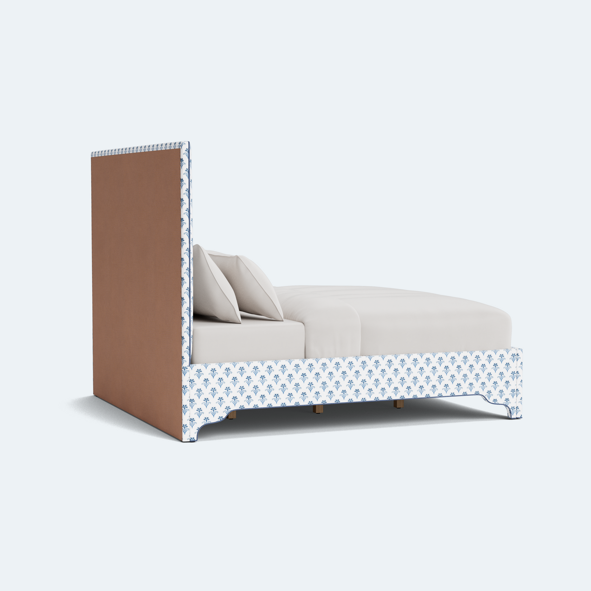 The Jacob King Bed - Scalloped Legs - Lobelia Blues Fabric - Navy Trim