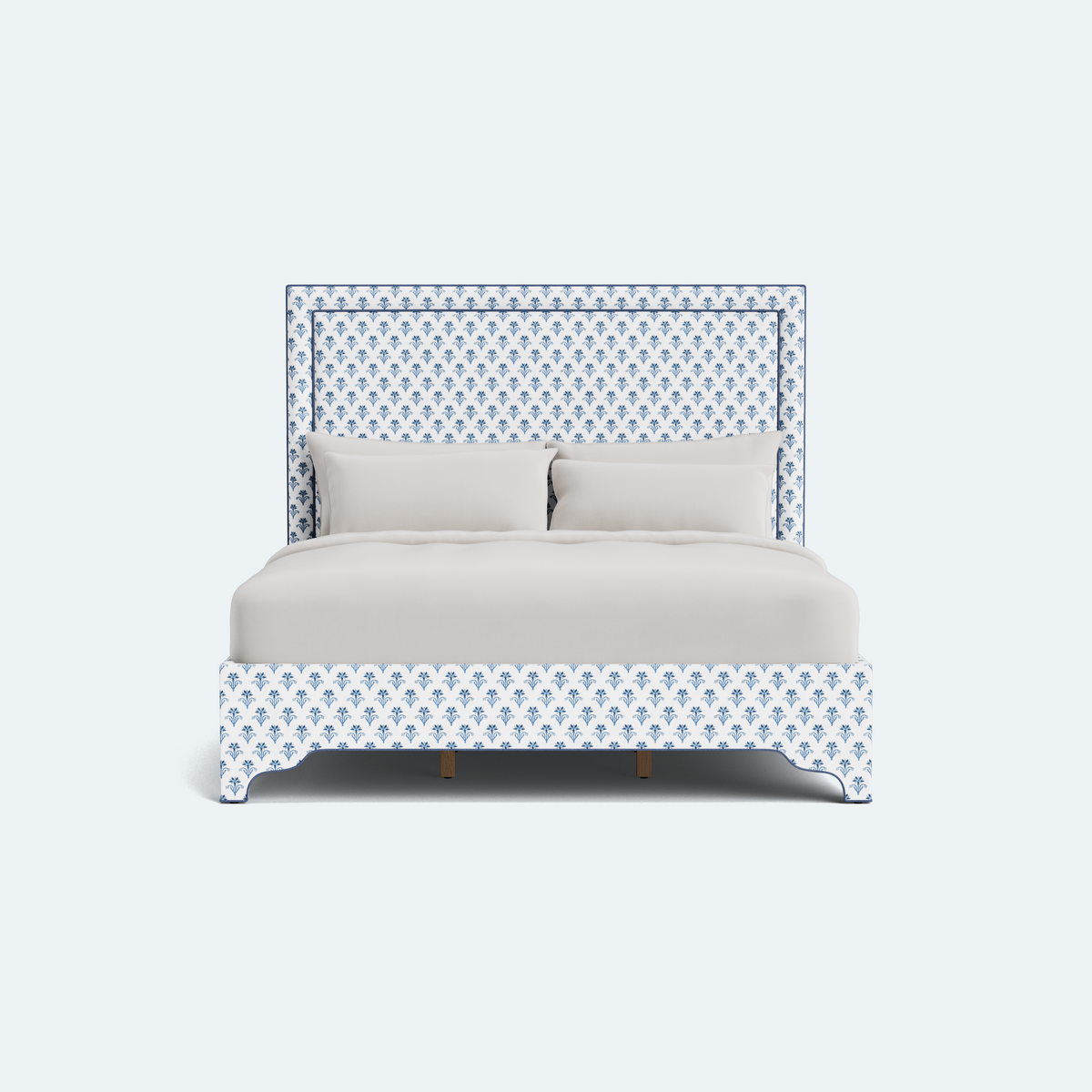 The Jacob King Bed - Scalloped Legs - Lobelia Blues Fabric - Navy Trim