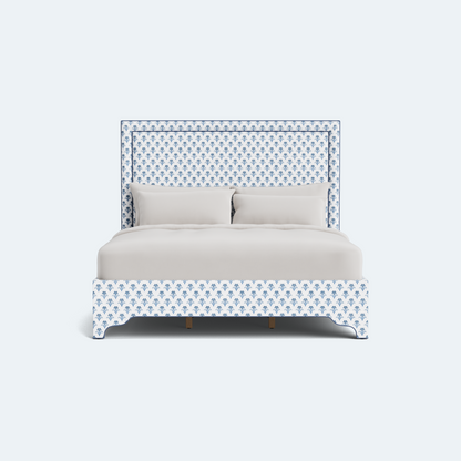 The Jacob King Bed - Scalloped Legs - Lobelia Blues Fabric - Navy Trim
