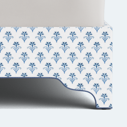 The Jacob King Bed - Scalloped Legs - Lobelia Blues Fabric - Navy Trim