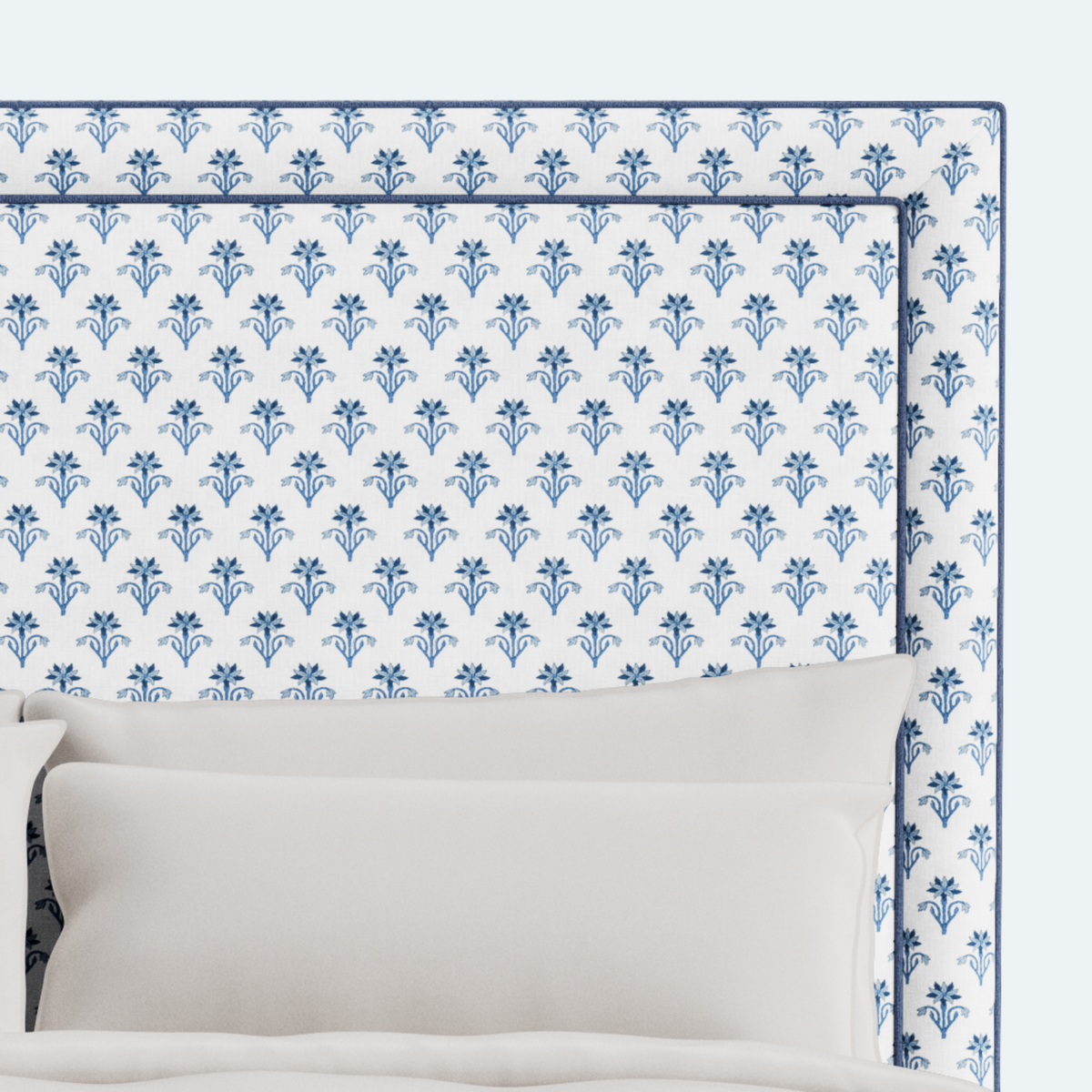 The Jacob King Bed - Scalloped Legs - Lobelia Blues Fabric - Navy Trim