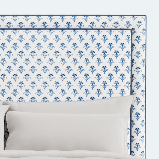 The Jacob King Bed - Scalloped Legs - Lobelia Blues Fabric - Navy Trim