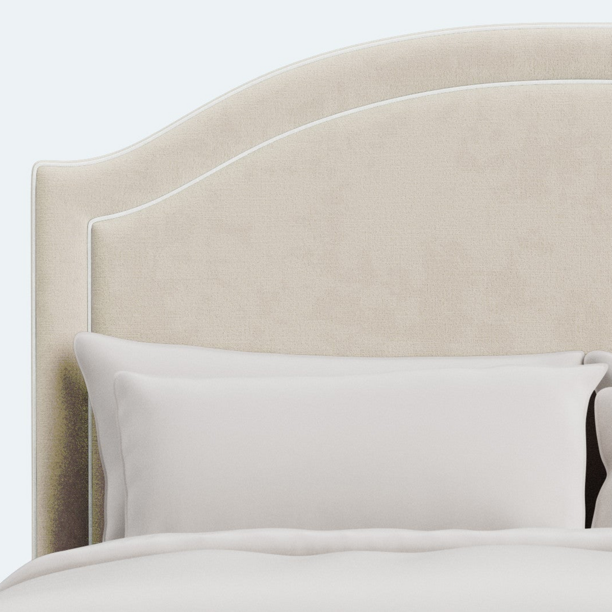 The Lilliane King Bed - Scalloped Legs - Oatmeal Woven Fabric - White Trim