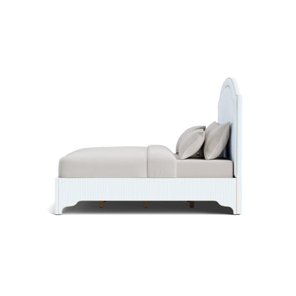 The Lilliane King Bed - Scalloped Legs - Classic Stripe Fabric - Pearl Trim