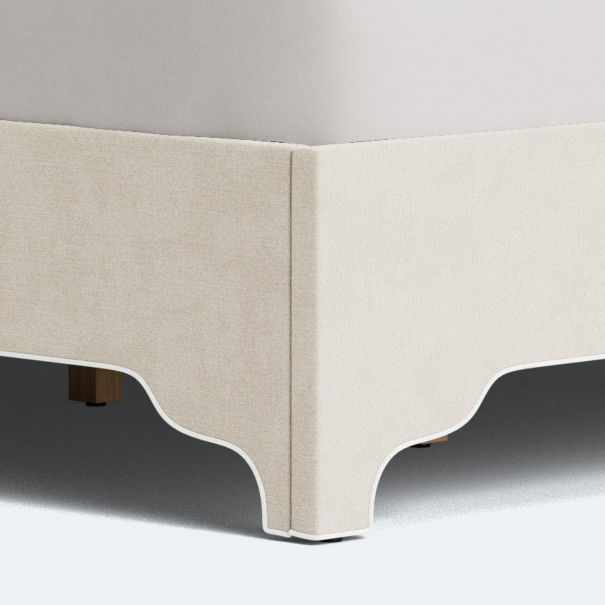 The Lilliane King Bed - Scalloped Legs - Oatmeal Woven Fabric - White Trim
