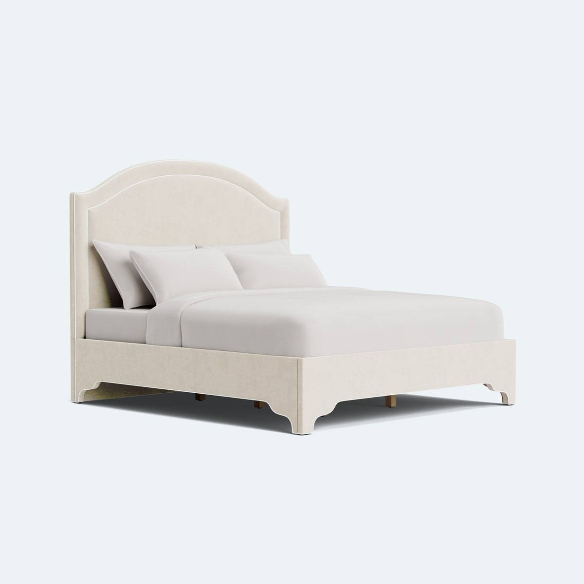 The Lilliane King Bed - Scalloped Legs - Oatmeal Woven Fabric - White Trim