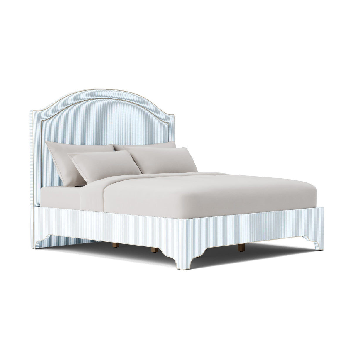 The Lilliane King Bed - Scalloped Legs - Classic Stripe Fabric - Pearl Trim