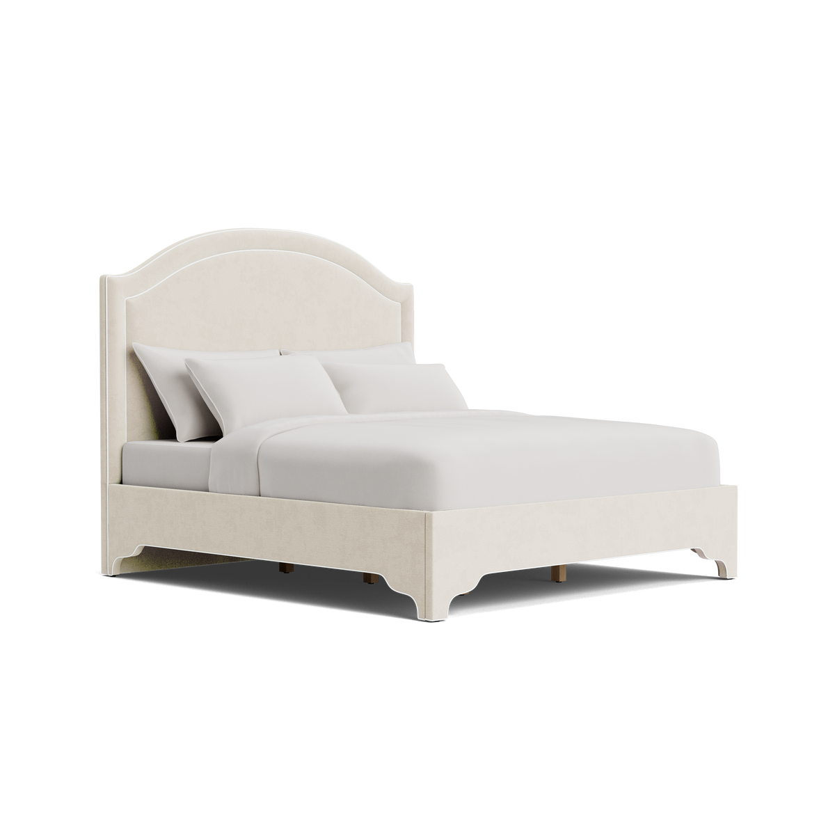 The Lilliane King Bed - Scalloped Legs - Oatmeal Woven Fabric - White Trim