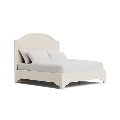 The Lilliane King Bed - Scalloped Legs - Oatmeal Woven Fabric - White Trim