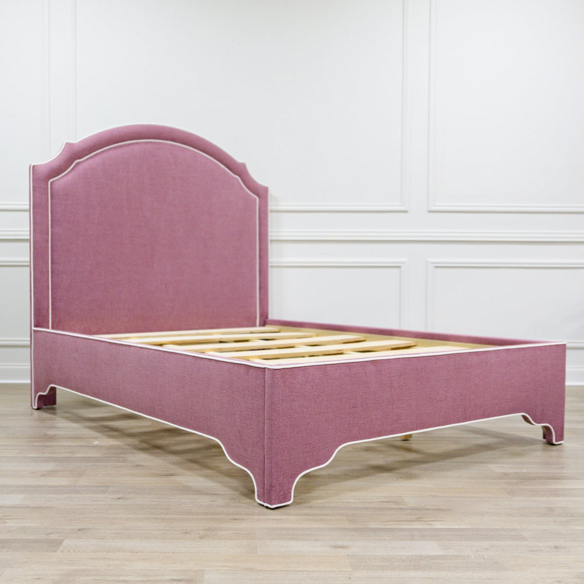 The Grace Queen Bed - Scalloped Legs - Lavender Fabric with White Trim