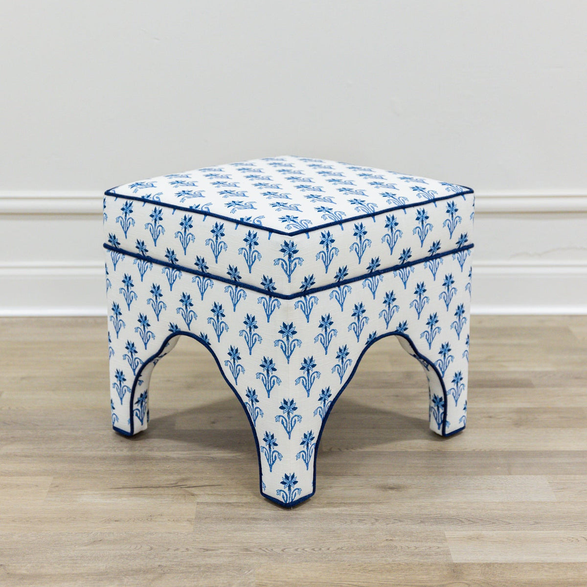 Scalloped Stool - Lobelia Blues Fabric - Navy Trim