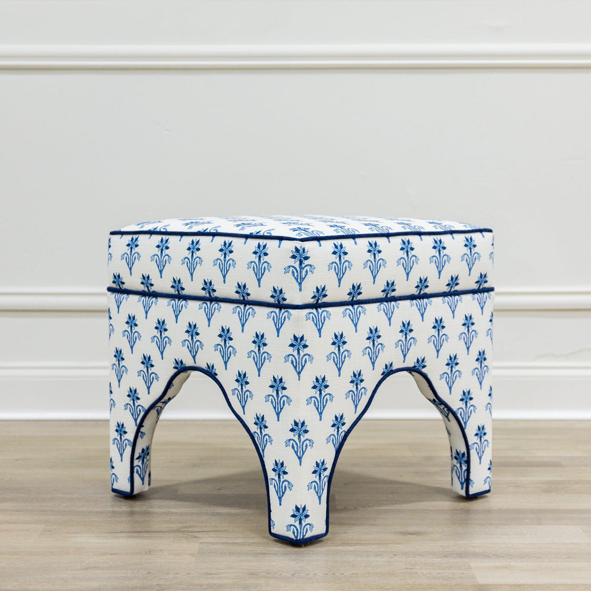 Scalloped Stool - Lobelia Blues Fabric - Navy Trim