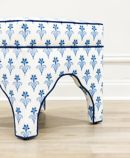 Scalloped Stool - Lobelia Blues Fabric - Navy Trim