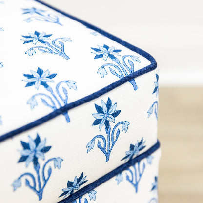 Scalloped Stool - Lobelia Blues Fabric - Navy Trim