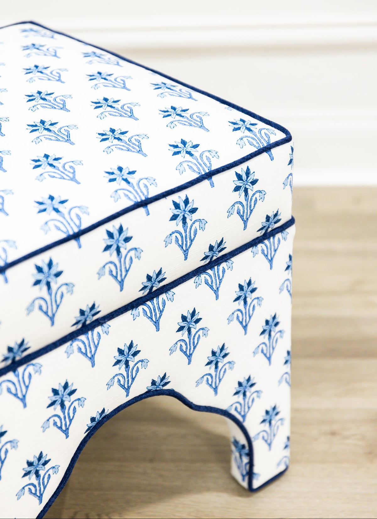Scalloped Stool - Lobelia Blues Fabric - Navy Trim