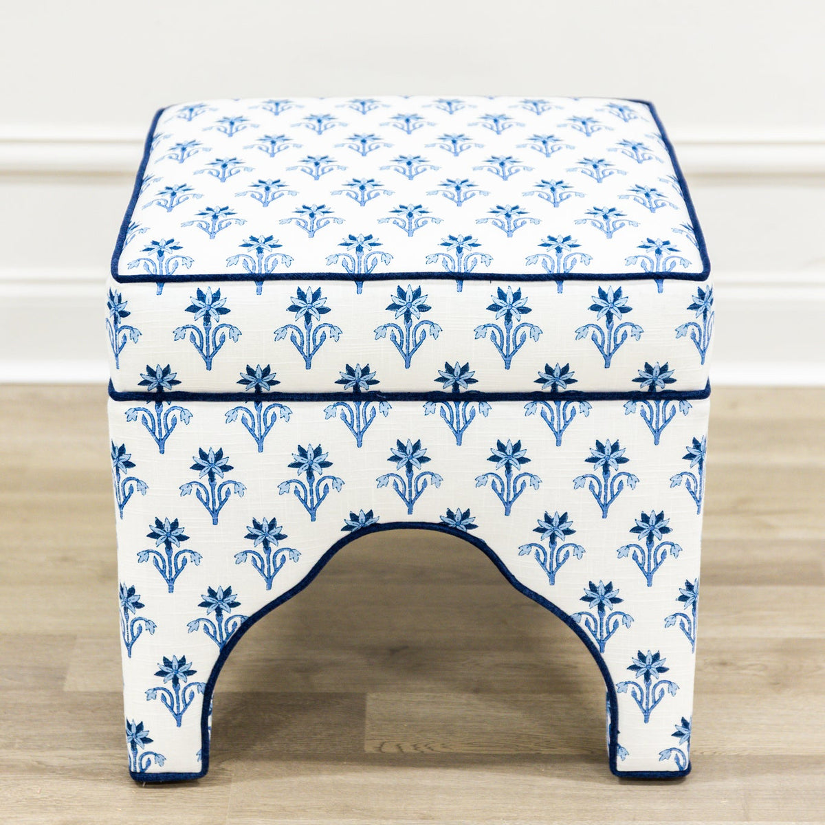 Scalloped Stool - Lobelia Blues Fabric - Navy Trim