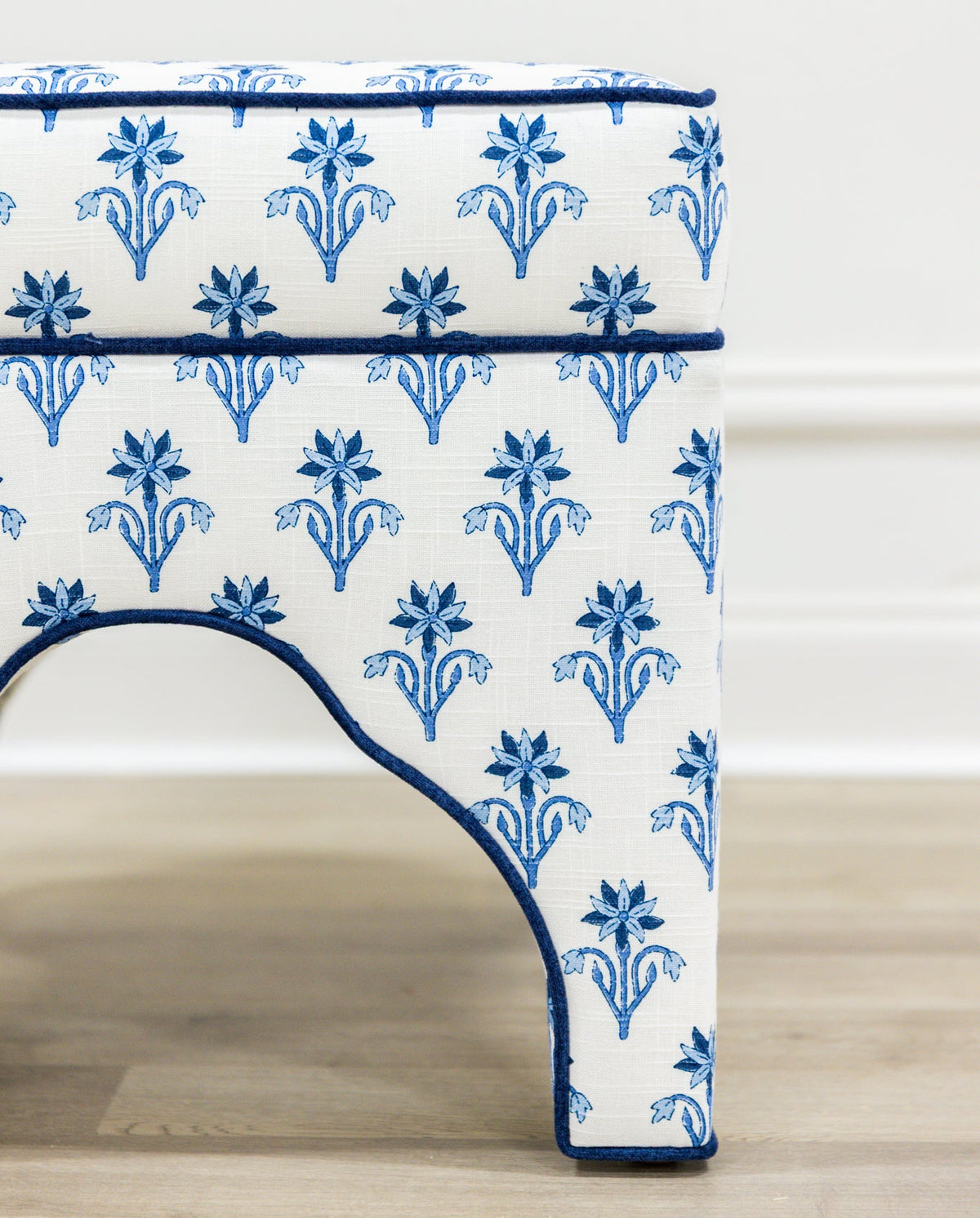 Scalloped Stool - Lobelia Blues Fabric - Navy Trim