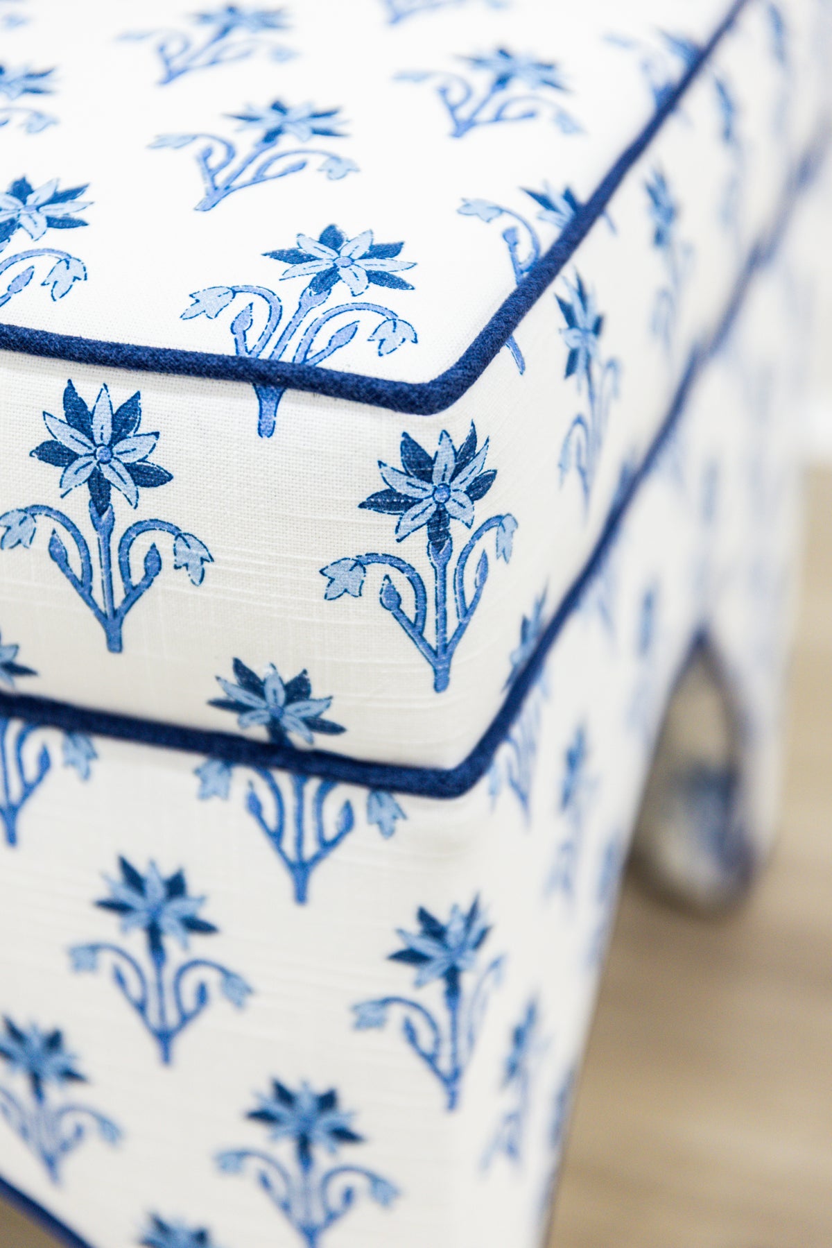 Scalloped Stool - Lobelia Blues Fabric - Navy Trim