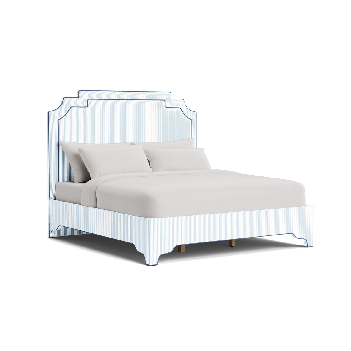 The Martha King Bed - Upholstered Legs - Classic Striped Fabric - Navy Trim