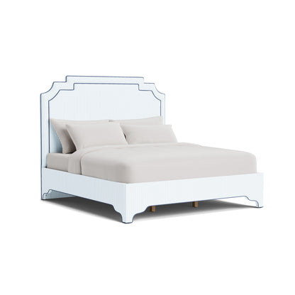 The Martha King Bed - Upholstered Legs - Classic Striped Fabric - Navy Trim