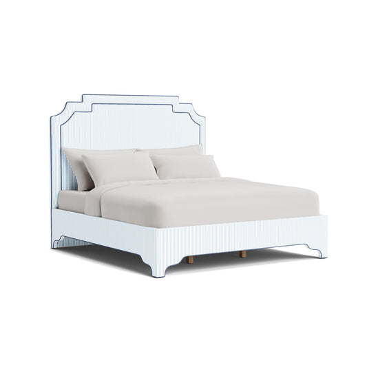 The Martha King Bed - Upholstered Legs - Classic Striped Fabric - Navy Trim