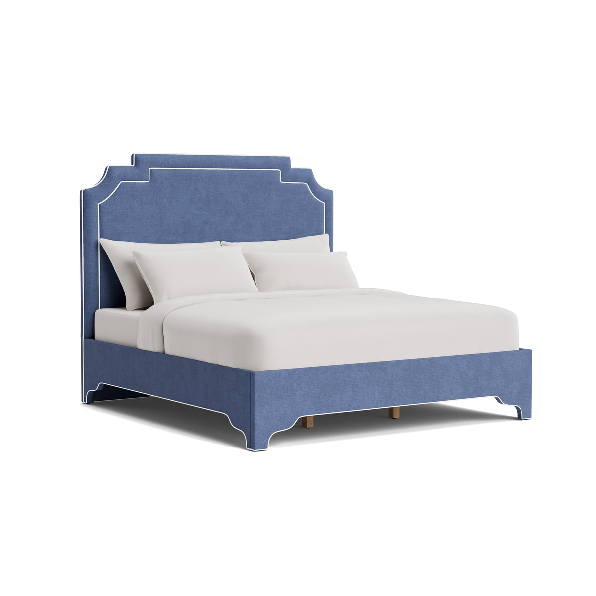 The Martha King Bed - Scalloped Legs - Navy Blue Woven Fabric - White Trim
