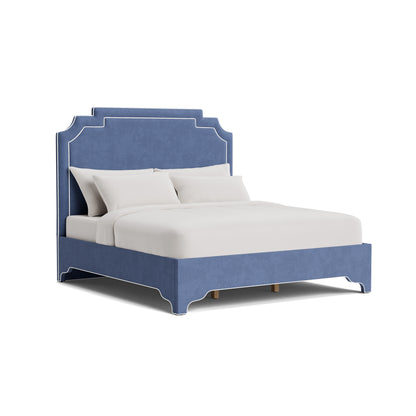 The Martha King Bed - Scalloped Legs - Navy Blue Woven Fabric - White Trim