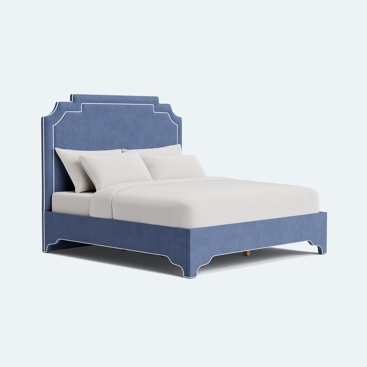 The Martha King Bed - Scalloped Legs - Navy Blue Woven Fabric - White Trim