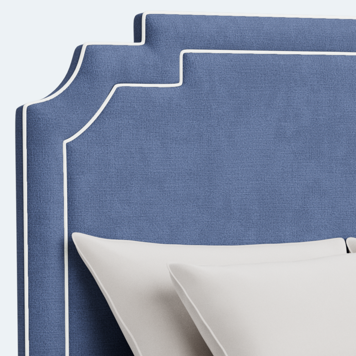 The Martha King Bed - Scalloped Legs - Navy Blue Woven Fabric - White Trim