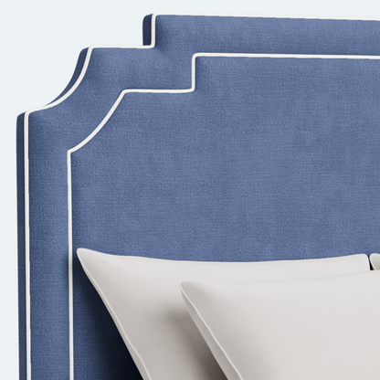 The Martha King Bed - Scalloped Legs - Navy Blue Woven Fabric - White Trim