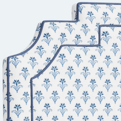 The Martha King Bed - Upholstered Legs - Lobelia Blues Fabric - Navy Trim
