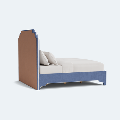 The Martha King Bed - Scalloped Legs - Navy Blue Woven Fabric - White Trim
