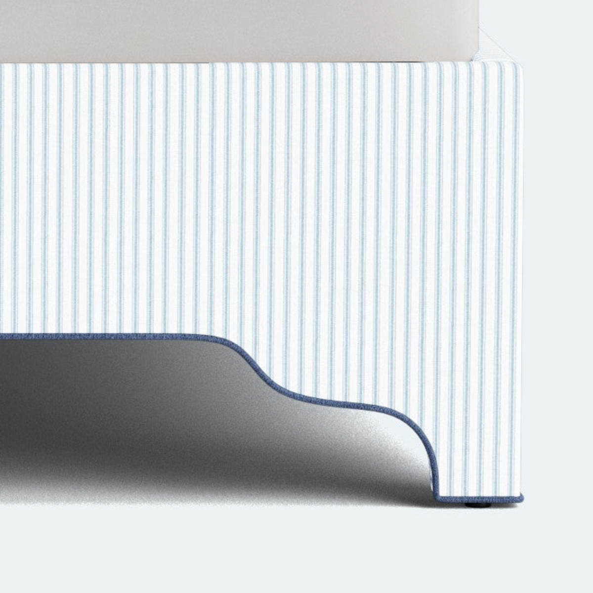 The Martha King Bed - Upholstered Legs - Classic Striped Fabric - Navy Trim